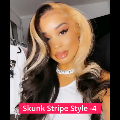 Skunk Stripe Wig with Honey Blonde Highlights Body Wave Human Hair Lace Frontal Wig