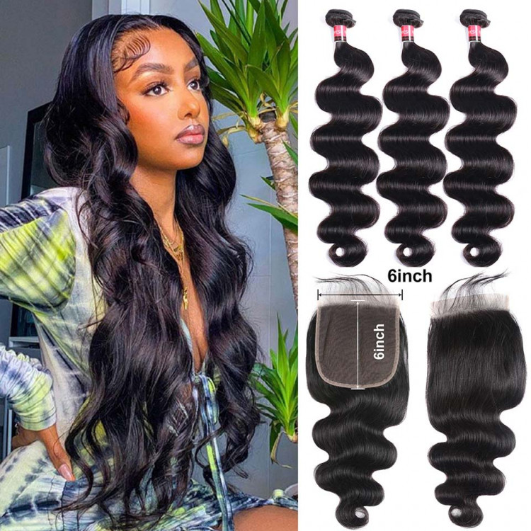 Swiss Lace 6x6 Closure And 3 Bundles Brazilian Body Wave Hair