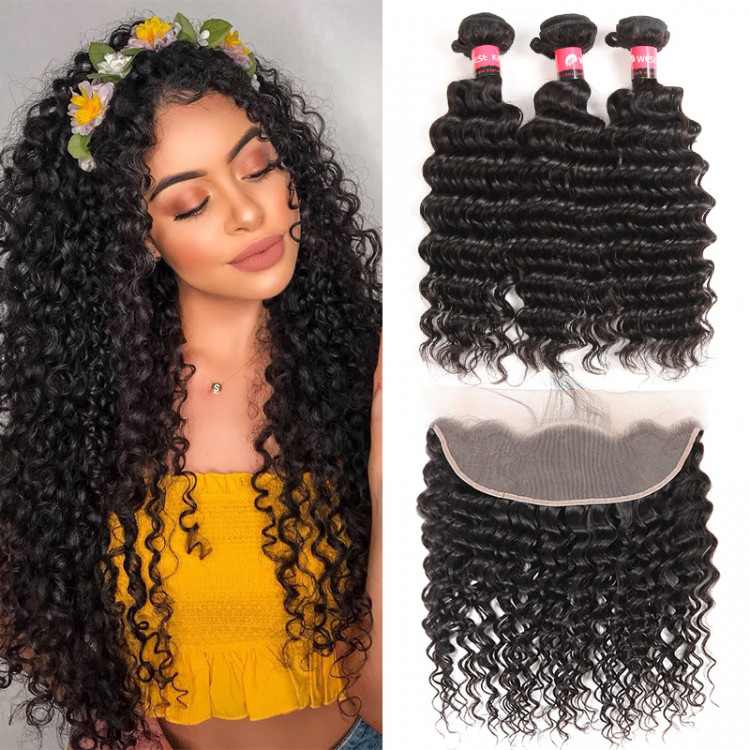Peruvian Deep Wave Hair 3 Bundles And 13x6 Lace Frontal -West Kiss
