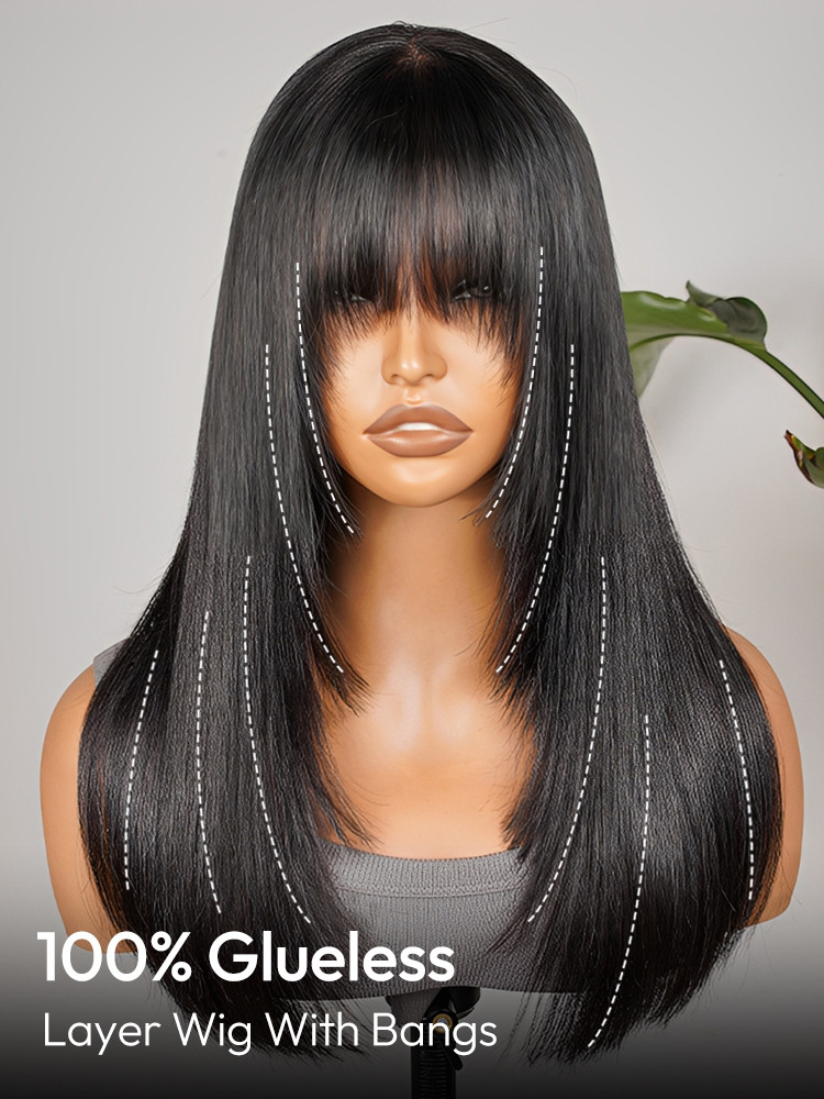 Shoulder Length Layered Human Hair Wig with Bangs Straight Glueless Natural Yaki Bob Wig with Bangs main image 2