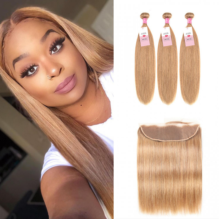 Color 27 Honey Blonde Straight Hair 3 Bundles And 13x4 Lace Frontal -West  Kiss Hair