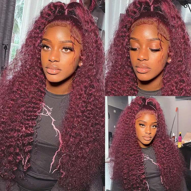 99J Colored Curly Lace Front Wigs Burgundy Human Hair West Kiss Hair