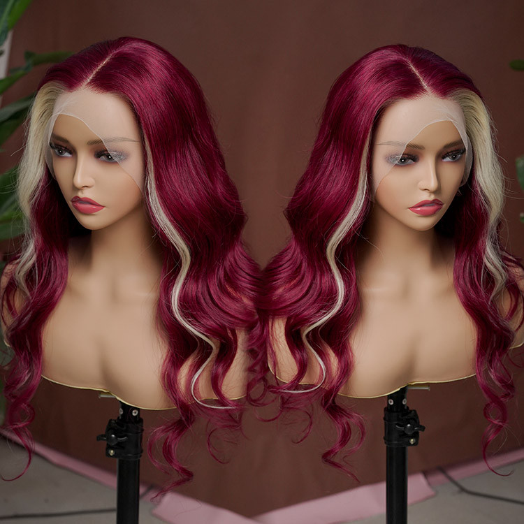 Burgundy & Blonde Skunk Stripe Human Hair Lace Front Wig -West Kiss Hair