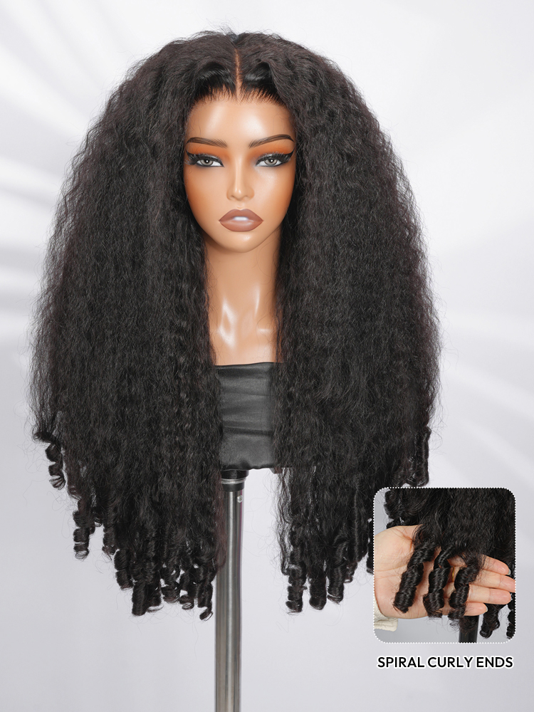 Natural Black Kinky Curly With Spiral Ends Wig