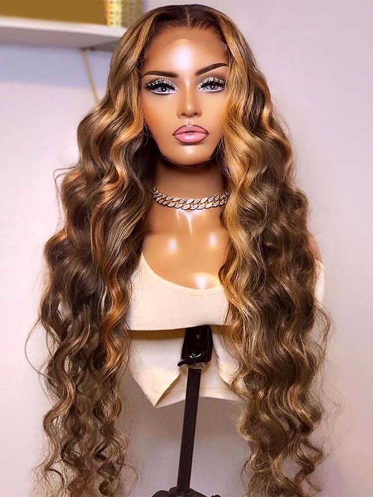 Body Wave Highlight Wigs 150% Density 13*4 Lace Frontal Wig Brown With Blonde Highlights