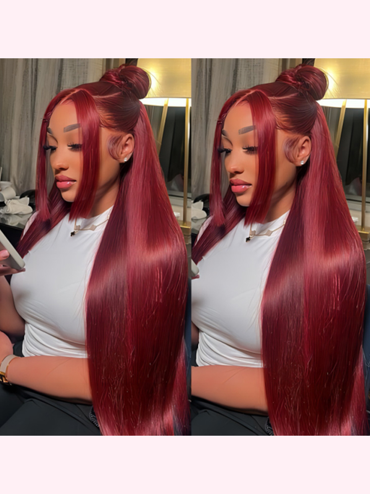 Burgundy Wigs 99J Straight Human Hair 13*4 Lace Frontal Wigs 150% Density