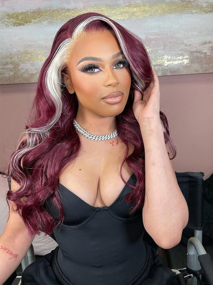 Burgundy & Blonde Skunk Stripe Wig With Lace Front Wig