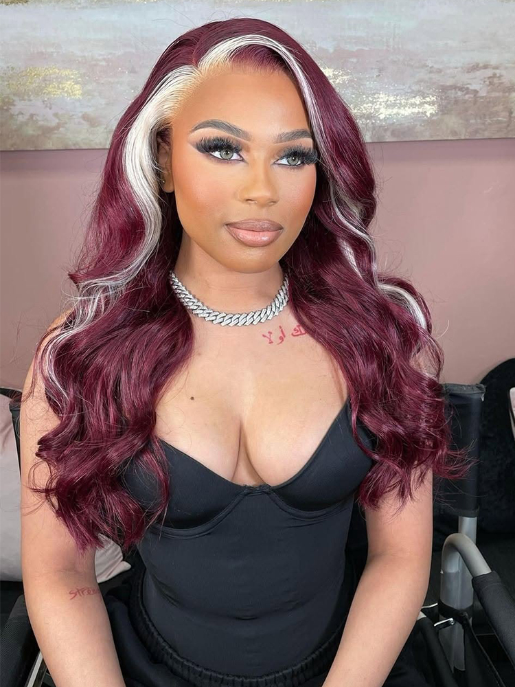 Burgundy & Blonde Skunk Stripe Wig