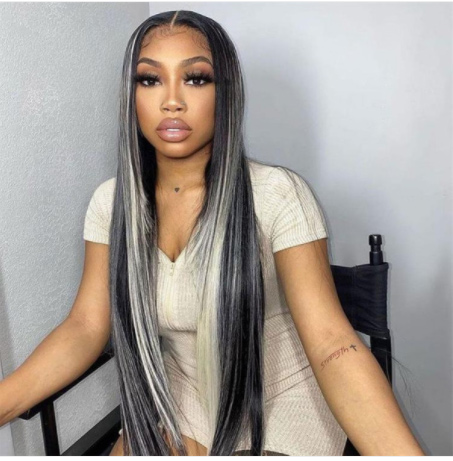 Straight Black Wigs With Gray Highlights